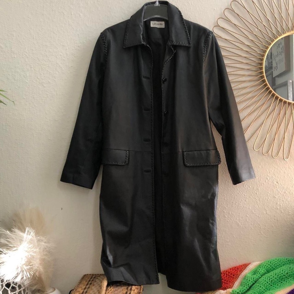 Retro 90s Y2K Gothic Matrix Black real leather trench coat jacket woven stitch